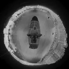 Little-planet thermal view from the mast of a 57 metre motor yacht in Grand Harbour, Valletta