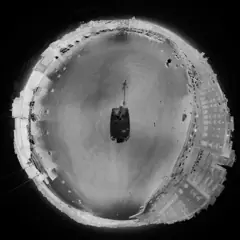 Little-planet thermal night view over Grand Harbour, Valletta, with vessels and shoreline visible in the dark