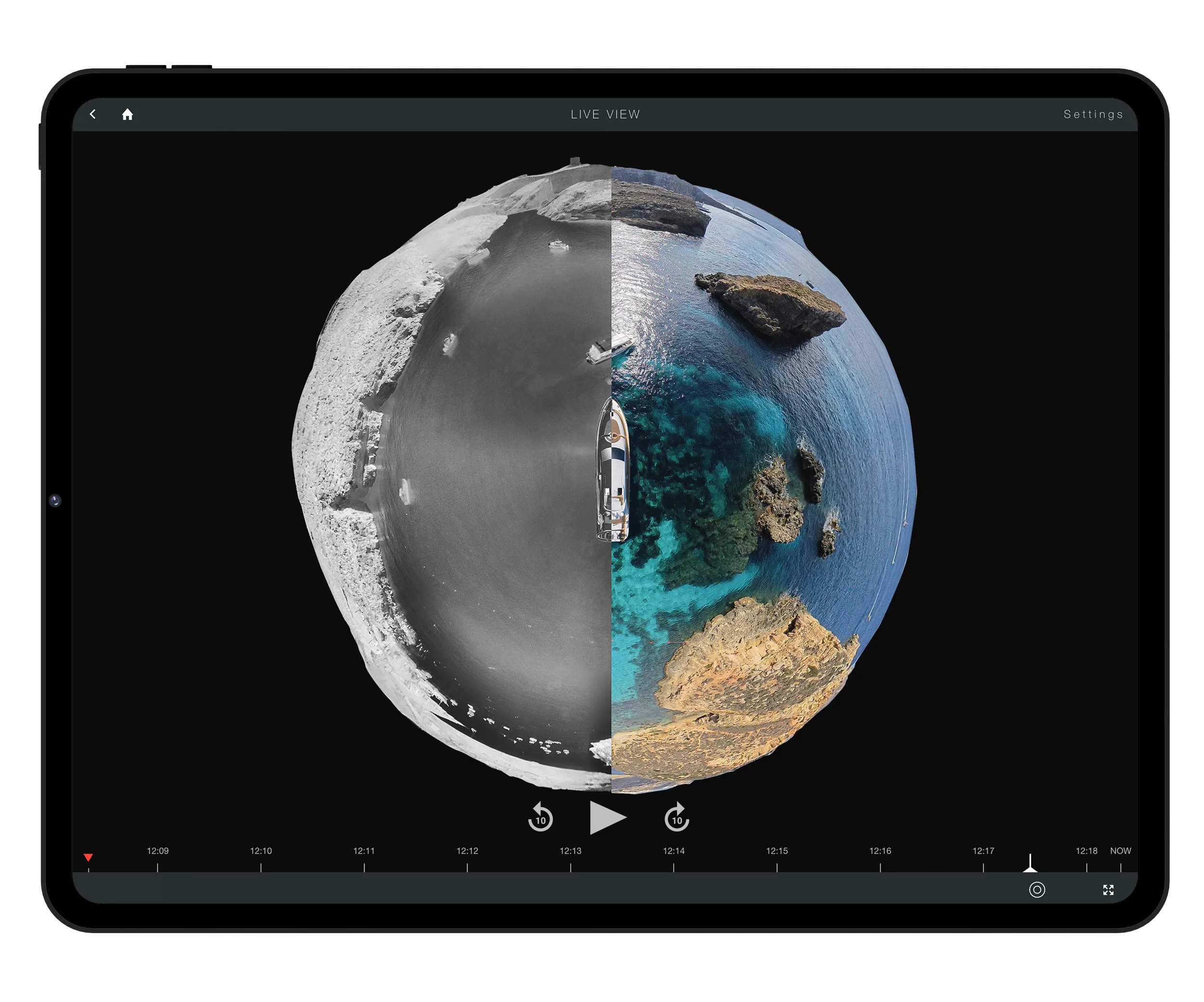 Panoblu App on iPad showing live 360 degree panoramic view