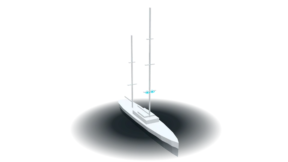 Rendered 3D model of a 55 metre two-masted sailing yacht, with the two Panoblu units marked under the first main-mast spreaders