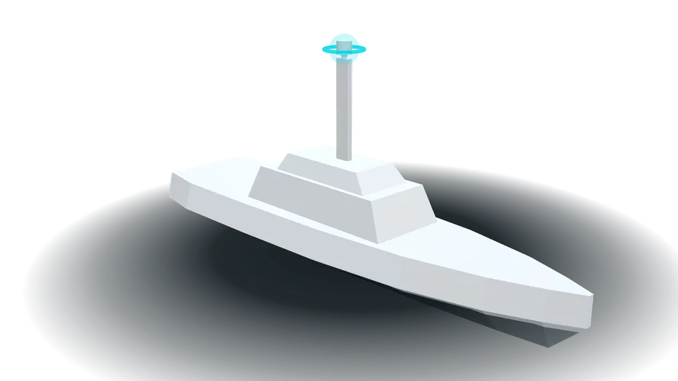 Rendered 3D model of a 10 metre uncrewed surface vessel, with the Panoblu unit marked at the mast head