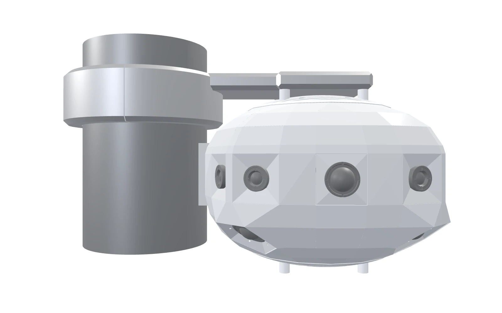 The Panoblu masthead camera unit, rendered in 3D and seen from the side on a white background: the mast-mount arm and the white dome housing with its lenses, in profile.
