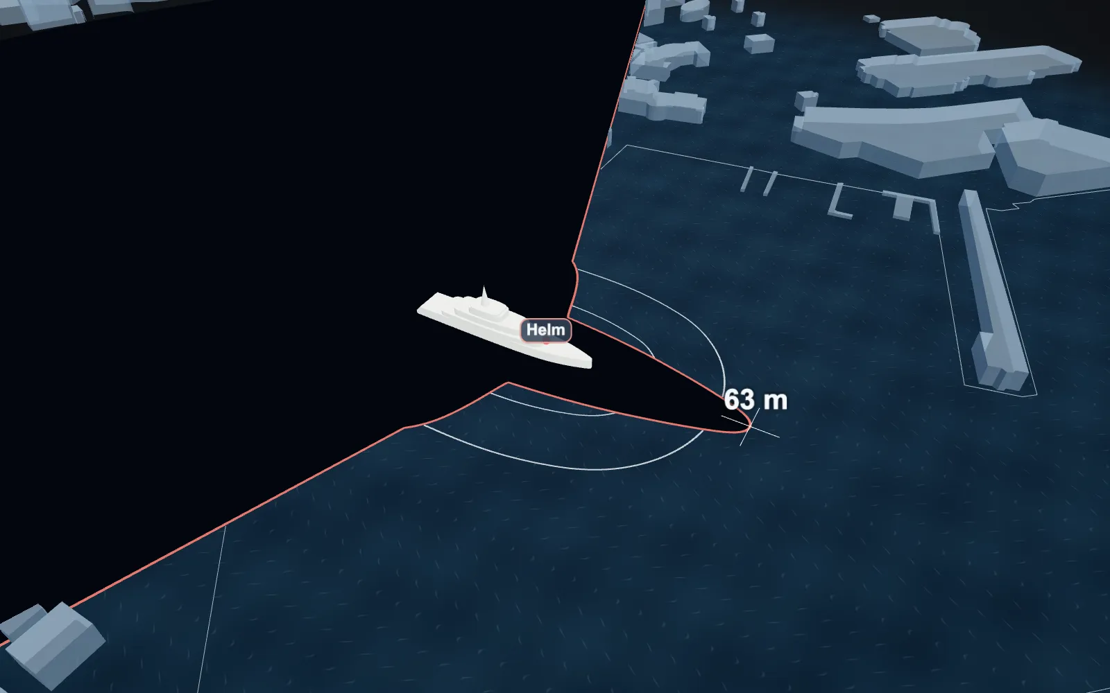 Overhead 3D view of a superyacht in Port Hercule, Monaco. A black zone edged in red covers the water and the quays hidden from the bridge without Panoblu, reaching all the way out astern and to both sides, with a lobe extending past the bow labelled 63 metres. The sector ahead of the vessel stays clear, with white distance rings and the harbour visible in it. One marker names the point the view is taken from: the helm.