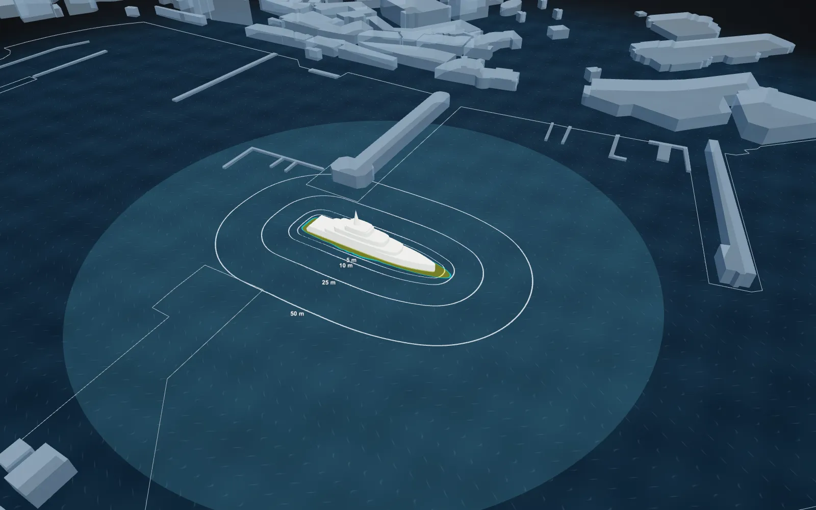 The same overhead view with Panoblu on: the black blind zone is gone and the whole harbour is visible again. Only a thin cyan-and-yellow ring hugs the hull, inside white distance rings labelled 5, 10, 25 and 50 metres. No marker is needed here: there is no blind zone left to name a viewpoint against.