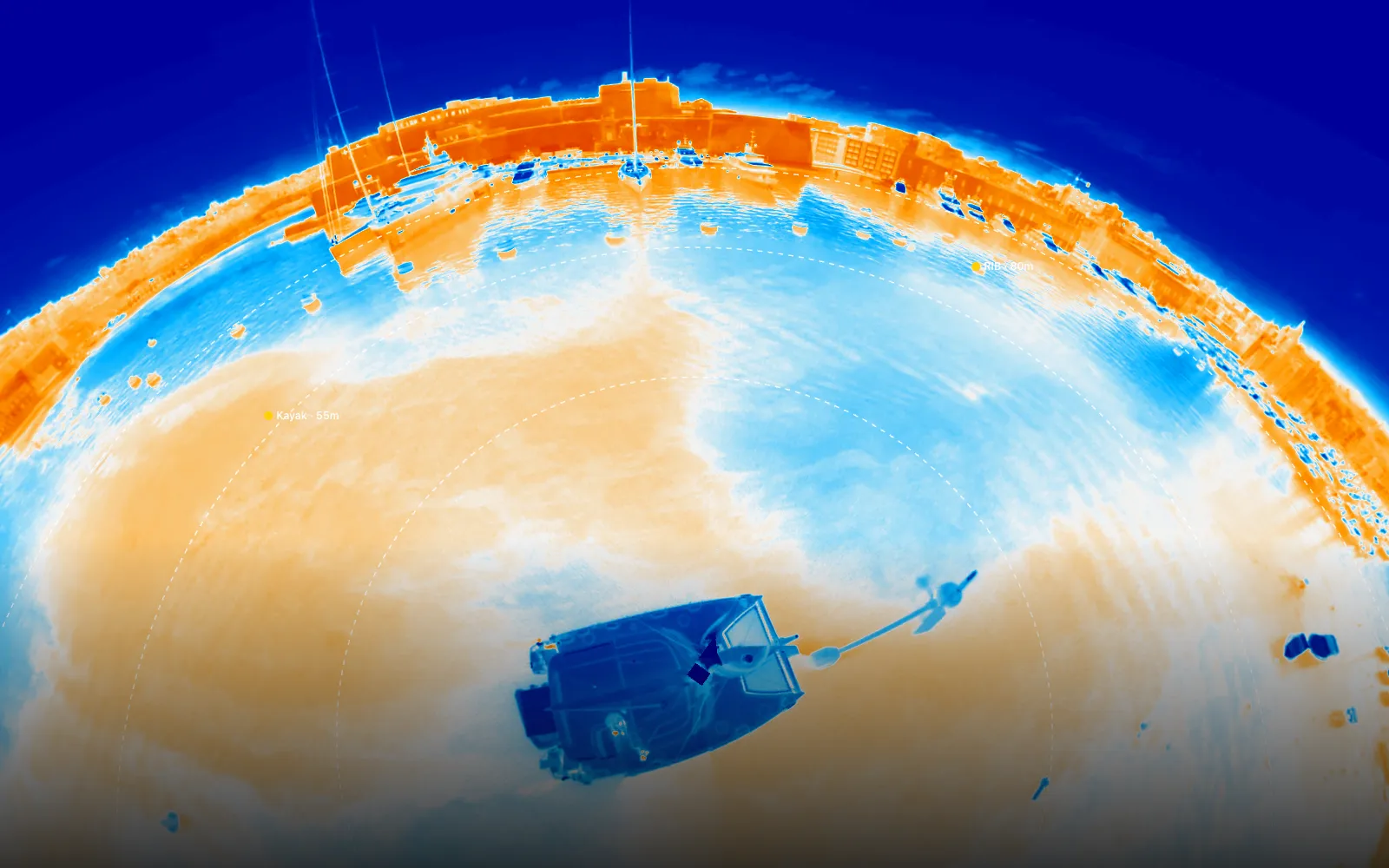 The same thermal harbour view in red-hot false colour: hot surfaces orange, cool water and sky blue, with dashed range rings drawn across the water and two contacts labelled "Kayak · 55m" and "RIB · 80m".